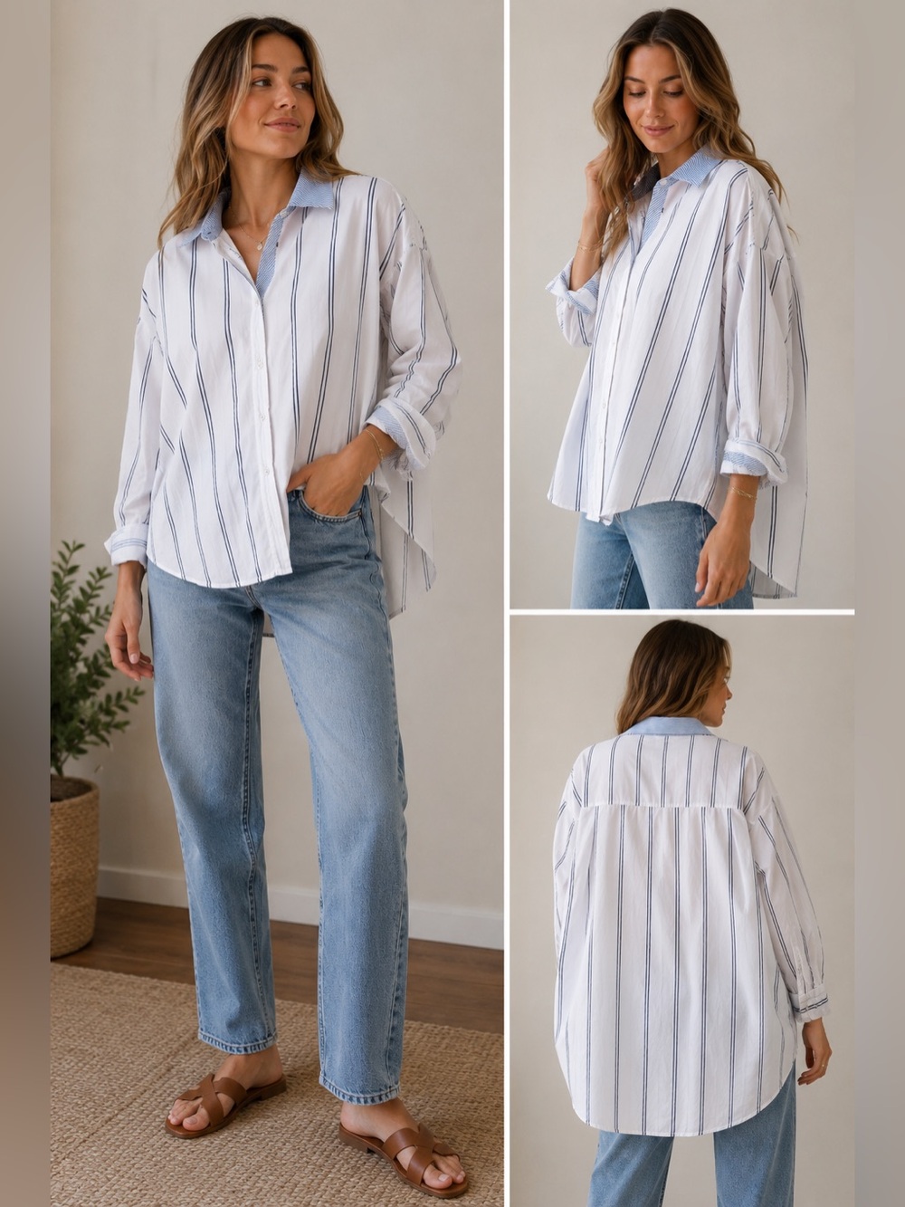 Aerie Oversized Striped Button-Up Shirt White Navy Blue 100% Cotton Nautical